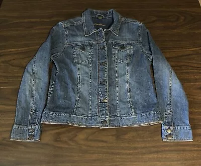 Eddie Bauer Womens Large L Denim Jean Jacket Blue Light Coat Pockets Ladies Mom • $12.11