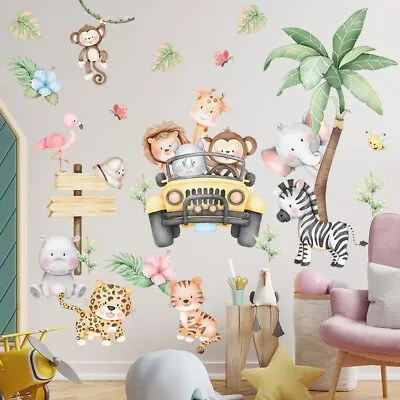 Cute Driving Animals Stickers Monkey Zebra Boys Girls Nursery Kids Room Decals • £8.59