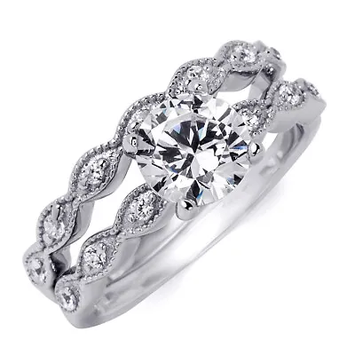 Womens Classic Silver Bridal Set 1.30 Tcw Round Cut Matching Wedding Band Ring • $57.87