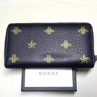 GUCCI Bee Star Animalier Round Zipper Long Wallet Black Leather #51974 • $299.99