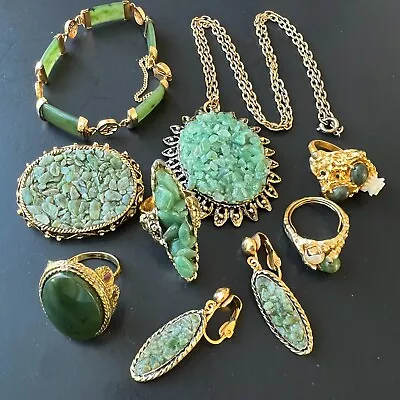 Vintage All Jade Stone Jewelry Lot Crushed Bracelet Brooch Earrings Ring A2 • $12.50