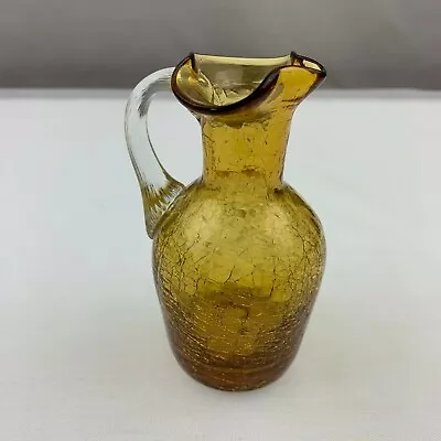 Crackle Glass Pitcher Amber - Applied Clear Handle Vintage  • $12.99