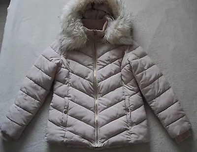 Miss Selfridge Puffa Jacket Padded Winter Coat Fur Hood Light Pink  UK 8 • £10