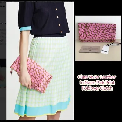 Clare Vivier Leather In Neon Pink Print Foldover Clutch Rare NEW Ship Fast USA  • $195