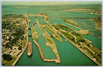 Soo Locks & International Bridge Aerial View Michigan - Postcard • $4.98