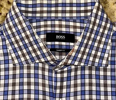 HUGO BOSS Men's Sharp Fit Long Sleeve Gingham Plaid Shirt Size 15.5 X 32/33. • $15