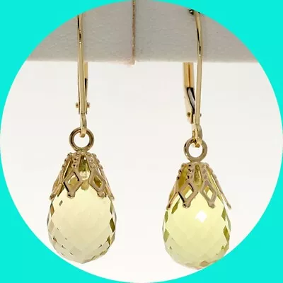 Lemon Quartz Briolette Drop Earrings 8.0CT 14K YG 1 3/16” Long • $175