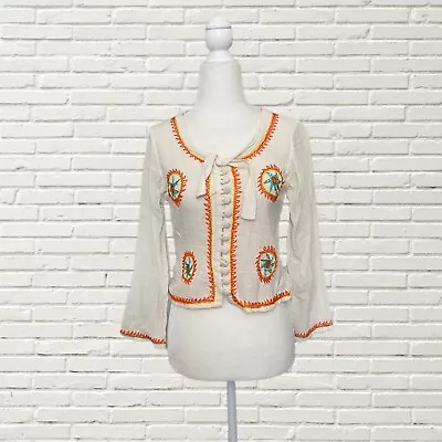 Vintage 70s Indian Cotton Gauze Blouse Orange Embroidery Mirror Hippie Size Xs • $165