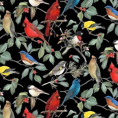 Bird Fabric - Wild Wings Birds & Hollies On Black - David Textiles 1.33 YARD • £15.10