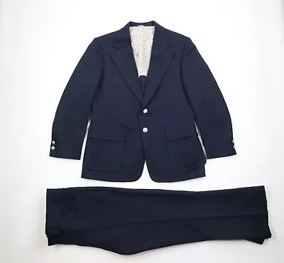 Vtg 70s Streetwear Mens 40R 2 Piece Knit Suit Bell Bottoms Navy Blue USA 36x30 • $95.96