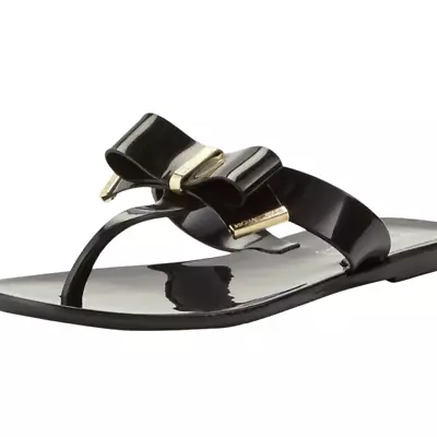 Michael Kors Kayden Jelly Bow Thong Sandals Size 9 Black Gold PVC Flip Flops • $24.99