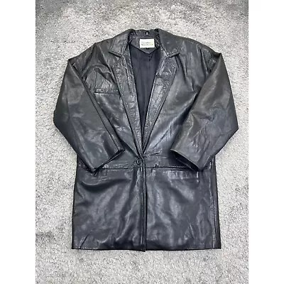 Vintage Leather Warehouse Jacket Womans Small Black Satin Lined Trench Coat • $69