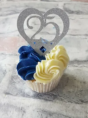 12 Silver 25th Anniversary Heart Cupcake Toppers In Non Shed Glitter Card • £4.70