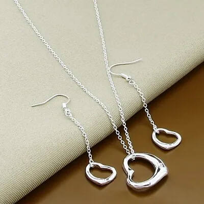 Womens 925 Sterling Silver Heart Pendant Necklace Earrings Sets Fashion Jewelry • $7.91