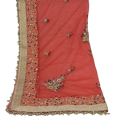 Sanskriti Vintage Dupatta Net Mesh Red Hand Beaded Wrap Wedding Zardozi Stole • $64.99