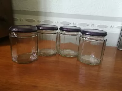 4 Glass Jars Jam Wedding Flowers Candle Making Craft Upcycle Preserves Dodecagon • £3.75