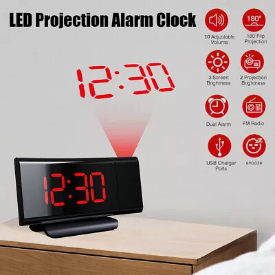 LED Digital Projection Alarm Clock Time Projector LCD Display FM Radio USB Port • $30.95