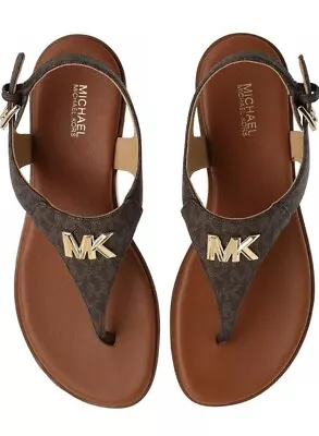 Women MK Michael Kors Jilly Flat Buckle Up Sandal  Bown Mini MK Logo • $64.99