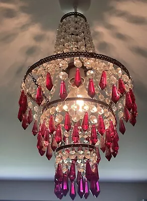 Beautiful Vintage Glass Crystal Chandelier Boho Style Pendant Lampshade • £20