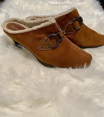 Aerosoles Rust Suede￼ High Heel Mules Buckle Front Design Lined Imitation Lambs • $23.99