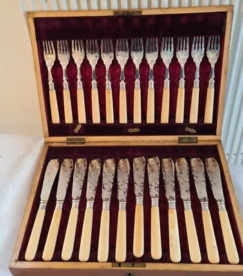  JAMES DIXON & SONS Etched Epns  Handle 24 Piece Wood Canteen Fish Cutlery • £99