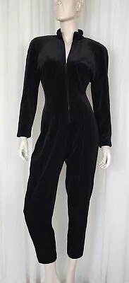 Vtg 80s Catsuit Black Velour Zip Front Bodycon Pin Up Jumpsuit M • $47.55