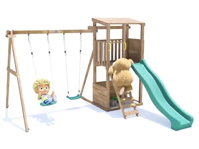 £549.99 • Buy Wooden Climbing Frame Double Swing Set Green Slide Children Outdoor SquirrelFort