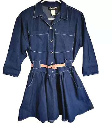 Vtg 70’s Mini Dress Dark Denim Belt Swing Flair Western Cowgirl Long Sleeves S • $26.99