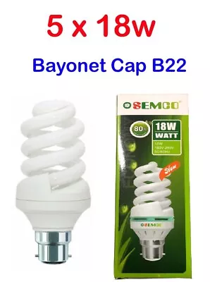 5 X 18w 6400k Light Bulb Day Light Cool White B22 Bayonet Cap Energy Saver Semco • £19.99