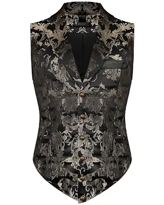 Devil Fashion Mens Aristocrat Waistcoat Vest Black Gold Brocade Gothic Steampunk • £54.99