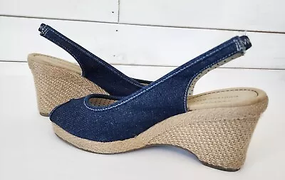 Montego Bay Club Wedge Jute Peep Toe Slingback Sandal Women Size 7.5 Denim Blue • $15.95