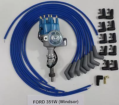 FORD 351W WINDSOR BLUE Small Cap HEI Distributor + UNIVERSAL SPARK PLUG WIRES 45 • $126.64