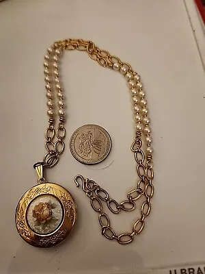 Vintage Western Rose Guilloche Photo Locket Necklace Peach Rose • $12