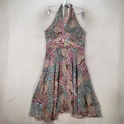 Vtg 90s Mixit Womens Dress Size 14 Brown Floral Silk Halter Sequin Beaded Flowy • $31.45