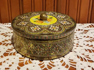 Vintage DAHER Made In England 6.5  Round Pink Rose Yellow Green Mosaic Empty Tin • $10.89