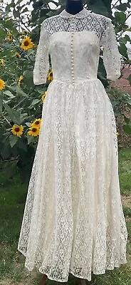Vintage 1950 Handmade Long Lace Overlay Dress W/Lustrous Ivory Satin Liner • $189
