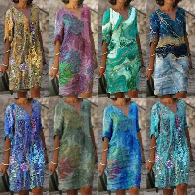 Womens Short Sleeve Floral Midi Dress Ladies Holiday Baggy Beach Kaftan Sundress • $24.56