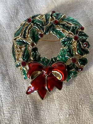 MONET Enamel And Metal Christmas Wreath Gold Tone Vintage Christmas Brooch Pin • $15