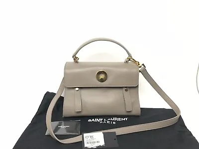 $1400 • Buy Yves Saint Laurent Muse Two Galet/grey Leather/canvas Satchel Small Bag