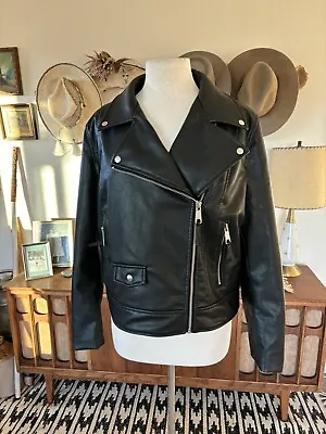 H&M Divided Jacket Womens Large Faux Leather Full Zip Biker Black Coat Modern • $19