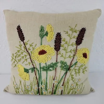 Floral Crewel Pillow Daisy Handmade Gold Brown Finished Hand Embroidered MCM Vtg • $13.95