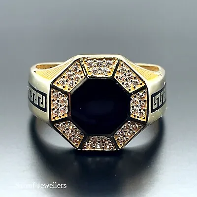 14K Yellow Gold Mens Ring ONYX & CZ Stones OCTAGON Shape Byzantine Greek Pattern • £519.90