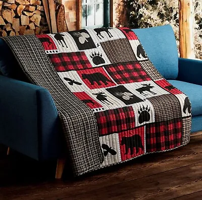 Lodge Life Quilted Throw 50x60 Buffalo Plaid Red Wildlife Couch Blanket • $33.78