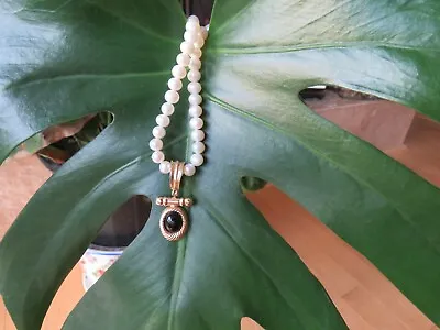 $319.99 • Buy Solid 14K Gold Black Onyx Enhancer Pendant W/ Beaded White Pearl Necklace 16 