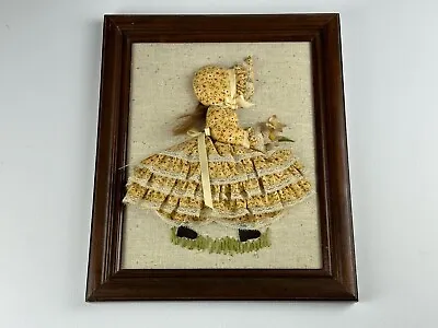 Vintage Holly Hobbie 3D Wood Framed Doll On Burlap W/ REAL HAIR Fabric Ribbon • $26