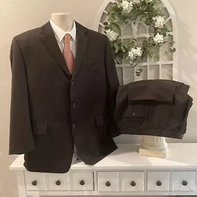 Calvin Klein 3 Btn All Wool 2 Pc Suit 46r 38x29 Drk Brown Striped Sharp!! • $64.99