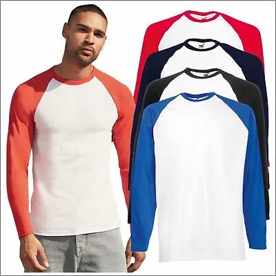 Fruit Of The Loom Mens Valueweight Long Sleeve Baseball T-Shirt Casual Sports T • £6.97