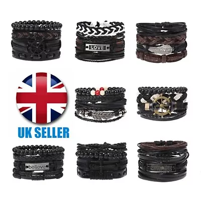 4PCS Boho Multilayer Leather Bracelet Set Men's Women Wristband Bangle Jewelry • £5.99