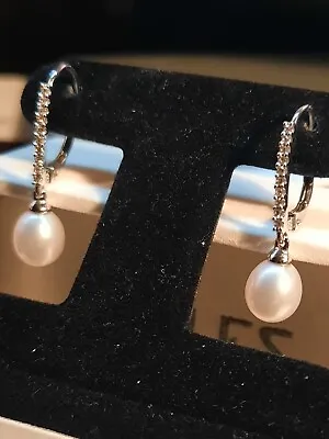 14K White Gold Diamond Lever Back Drop Dangle Earrings NEW • $229