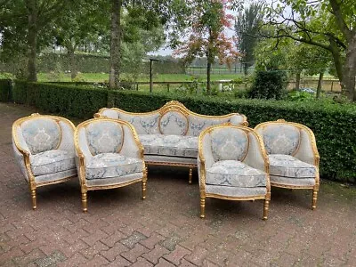 Exquisite 1940's French Louis XVI Sofa Set In Gold Beech And Damask - 5-Piece • $4900